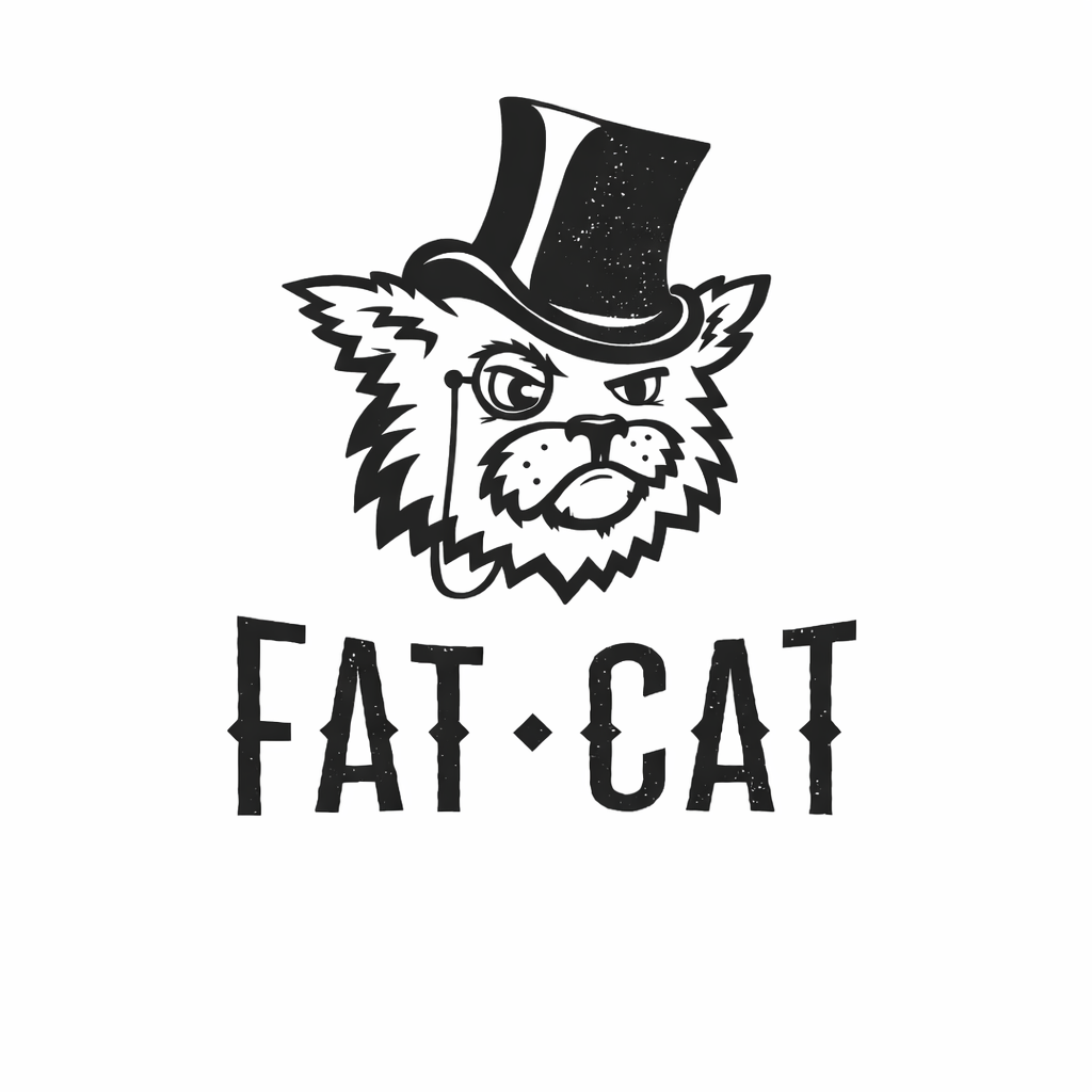 Illustrated logo of a cat wearing a top hat and monocle, with text Fat Cat below. Black and white design.
